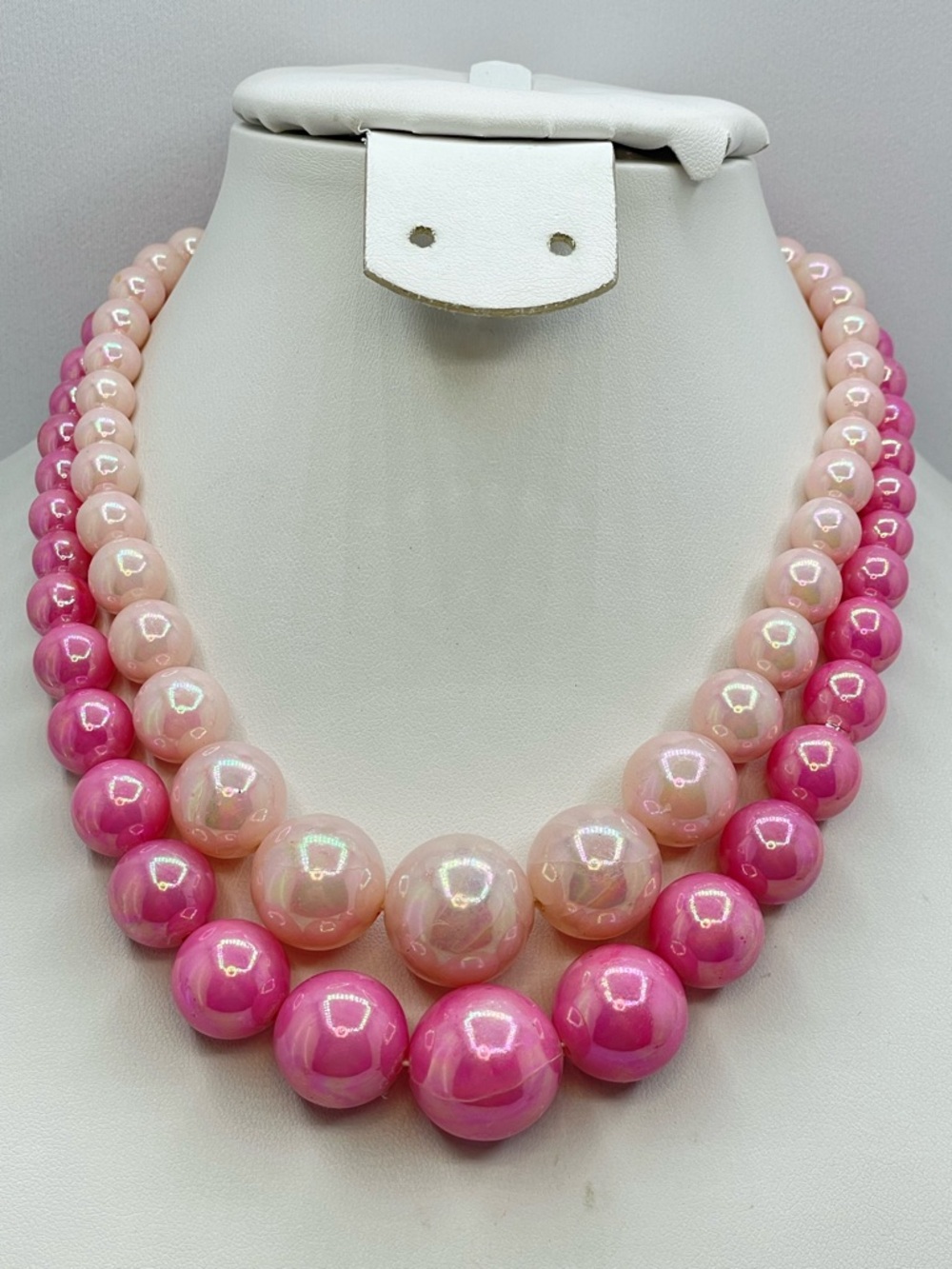 Vintage Japan Pink Glass Beaded Double Strand Necklace AB Finish Statement